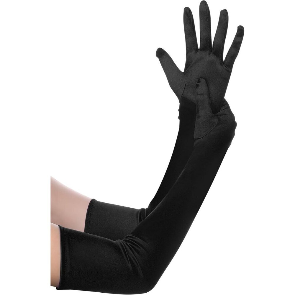 Women's Black Vintage Satin Long Gloves Party Tea Costume Stretchy Elbow Length